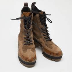 Pre Owned Louis Vuitton Brown/Black Suede and Monogram Canvas Laureate Combat Boots Size 40