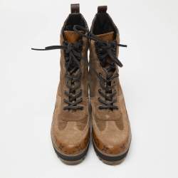 Pre Owned Louis Vuitton Brown/Black Suede and Monogram Canvas Laureate Combat Boots Size 40