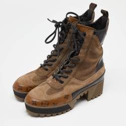 Pre Owned Louis Vuitton Brown/Black Suede and Monogram Canvas Laureate Combat Boots Size 40