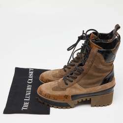 Pre Owned Louis Vuitton Brown/Black Suede and Monogram Canvas Laureate Combat Boots Size 40
