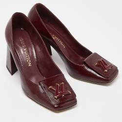 Pre Owned Louis Vuitton Burgundy Patent Leather Block Heel Pumps Size 37