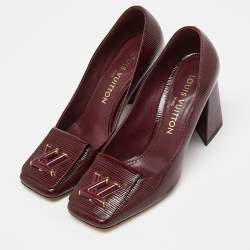 Pre Owned Louis Vuitton Burgundy Patent Leather Block Heel Pumps Size 37