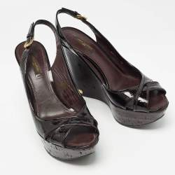 Louis Vuitton Dark Burgundy Monogram Patent Leather Pantheon Wedge Sandals Size 39