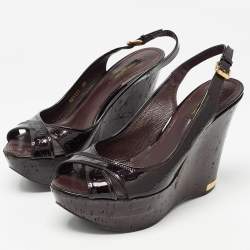 Louis Vuitton Dark Burgundy Monogram Patent Leather Pantheon Wedge Sandals Size 39