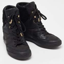 Louis Vuitton Black Leather and Monogram Suede Wedge High Top Sneakers Size 38