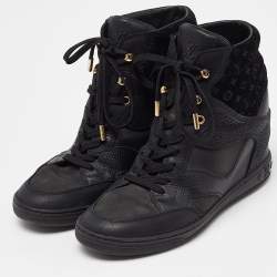 Louis Vuitton Black Leather and Monogram Suede Wedge High Top Sneakers Size 38