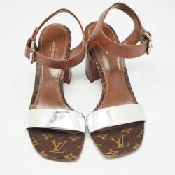 Louis Vuitton Silver/Brown Leather Bloom Ankle Strap Sandals Size 38.5