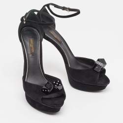 Louis Vuitton Black Suede Studded Dice Platform Ankle Strap Sandals Size 37.5