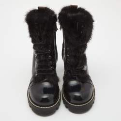 Pre Owned Louis Vuitton Black Patent and Fur Star Trail Ankle Boots Size 39