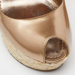Pre Owned Louis Vuitton Gold Patent Leather Lagoon Raffia Wedge Slingback Sandals Size 37.5