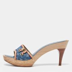 Louis Vuitton Navy Blue/Beige Leather and Monogram Denim Platform Open Toe Slide Sandals Size 38.5