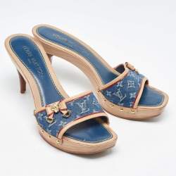 Louis Vuitton Navy Blue/Beige Leather and Monogram Denim Platform Open Toe Slide Sandals Size 38.5