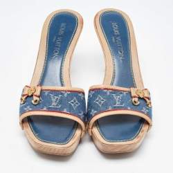 Louis Vuitton Navy Blue/Beige Leather and Monogram Denim Platform Open Toe Slide Sandals Size 38.5