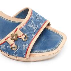 Louis Vuitton Navy Blue/Beige Leather and Monogram Denim Platform Open Toe Slide Sandals Size 38.5