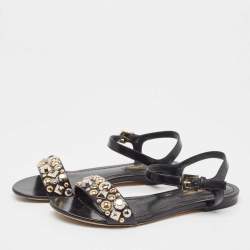Louis Vuitton Black Leather Studded Ankle Strap Flat Sandals Size 36.5