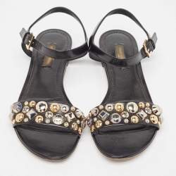 Louis Vuitton Black Leather Studded Ankle Strap Flat Sandals Size 36.5