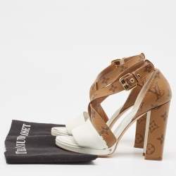 Louis Vuitton White/Brown Leather and Canvas Matchmake Ankle Strap Sandals Size 36