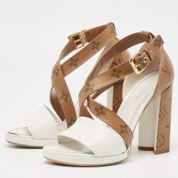 Louis Vuitton White/Brown Leather and Canvas Matchmake Ankle Strap Sandals Size 36