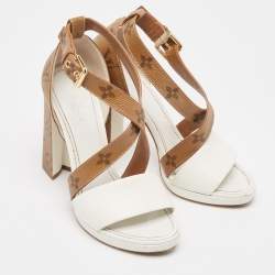Louis Vuitton White/Brown Leather and Canvas Matchmake Ankle Strap Sandals Size 36