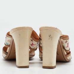 Louis Vuitton White/Brown Monogram Canvas and Leather Slides Size 37    