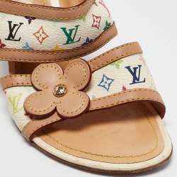 Louis Vuitton White/Brown Monogram Canvas and Leather Slides Size 37    