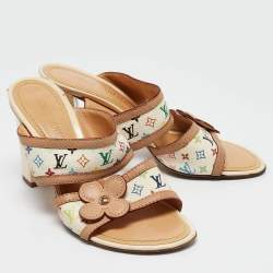 Louis Vuitton White/Brown Monogram Canvas and Leather Slides Size 37    
