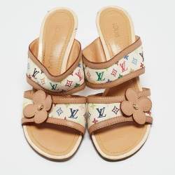 Louis Vuitton White/Brown Monogram Canvas and Leather Slides Size 37    