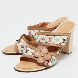 Louis Vuitton White/Brown Monogram Canvas and Leather Slides Size 37    
