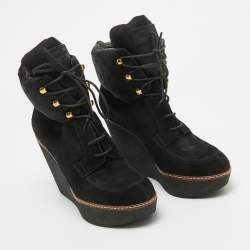 Pre Owned Louis Vuitton Black Monogram Nylon and Suede Ankle Boots Size 38.5