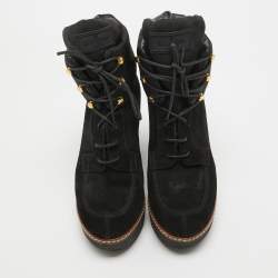 Pre Owned Louis Vuitton Black Monogram Nylon and Suede Ankle Boots Size 38.5