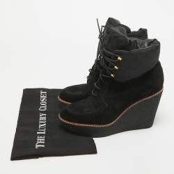 Pre Owned Louis Vuitton Black Monogram Nylon and Suede Ankle Boots Size 38.5