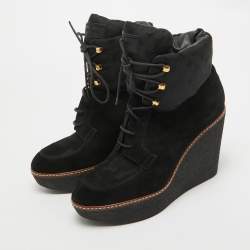 Pre Owned Louis Vuitton Black Monogram Nylon and Suede Ankle Boots Size 38.5