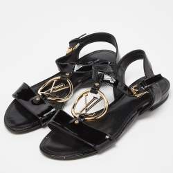 Pre Owned Louis Vuitton Black Patent Leather Carioca Logo Detail Flat Sandals Size 37