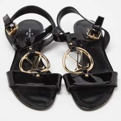 Pre Owned Louis Vuitton Black Patent Leather Carioca Logo Detail Flat Sandals Size 37