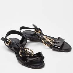 Pre Owned Louis Vuitton Black Patent Leather Carioca Logo Detail Flat Sandals Size 37
