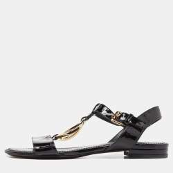 Pre Owned Louis Vuitton Black Patent Leather Carioca Logo Detail Flat Sandals Size 37