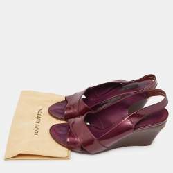 Pre Owned Louis Vuitton Burgundy Patent Leather Wedge Slingback Sandals Size 40