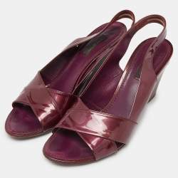 Pre Owned Louis Vuitton Burgundy Patent Leather Wedge Slingback Sandals Size 40