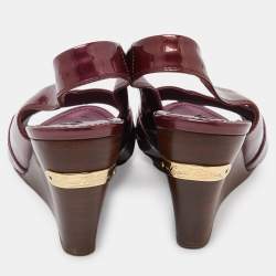 Pre Owned Louis Vuitton Burgundy Patent Leather Wedge Slingback Sandals Size 40