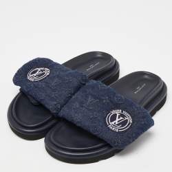 Louis Vuitton Navy Blue Monogram Denim Pool Pillow Velcro Flat Slides Size 40