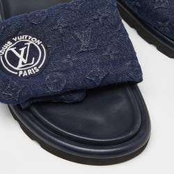 Louis Vuitton Navy Blue Monogram Denim Pool Pillow Velcro Flat Slides Size 40