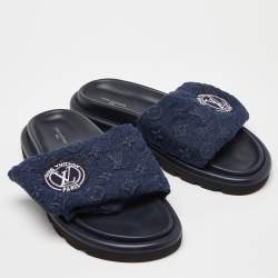 Louis Vuitton Navy Blue Monogram Denim Pool Pillow Velcro Flat Slides Size 40