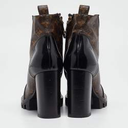 Pre Owned Louis Vuitton Brown/Black Leather and Monogram Coated Canvas Star Trail Block Heel Ankle Boots Size 40