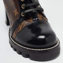 Pre Owned Louis Vuitton Brown/Black Leather and Monogram Coated Canvas Star Trail Block Heel Ankle Boots Size 40