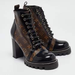 Pre Owned Louis Vuitton Brown/Black Leather and Monogram Coated Canvas Star Trail Block Heel Ankle Boots Size 40