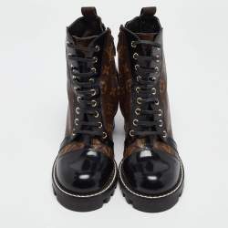 Pre Owned Louis Vuitton Brown/Black Leather and Monogram Coated Canvas Star Trail Block Heel Ankle Boots Size 40