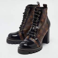 Pre Owned Louis Vuitton Brown/Black Leather and Monogram Coated Canvas Star Trail Block Heel Ankle Boots Size 40