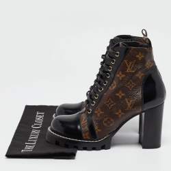 Pre Owned Louis Vuitton Brown/Black Leather and Monogram Coated Canvas Star Trail Block Heel Ankle Boots Size 40