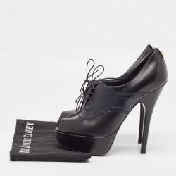 Louis Vuitton Black/Navy Blue Leather Peep Toe Platform Lace Up Booties Size 39