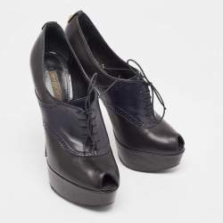 Louis Vuitton Black/Navy Blue Leather Peep Toe Platform Lace Up Booties Size 39